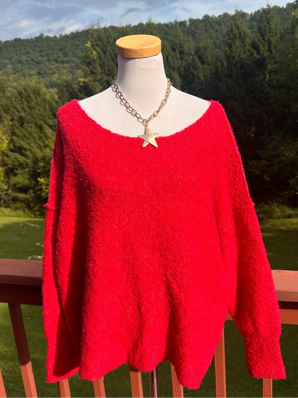 Free People Moria Slouchy Bouclé Sweater Oversized Red & Pink